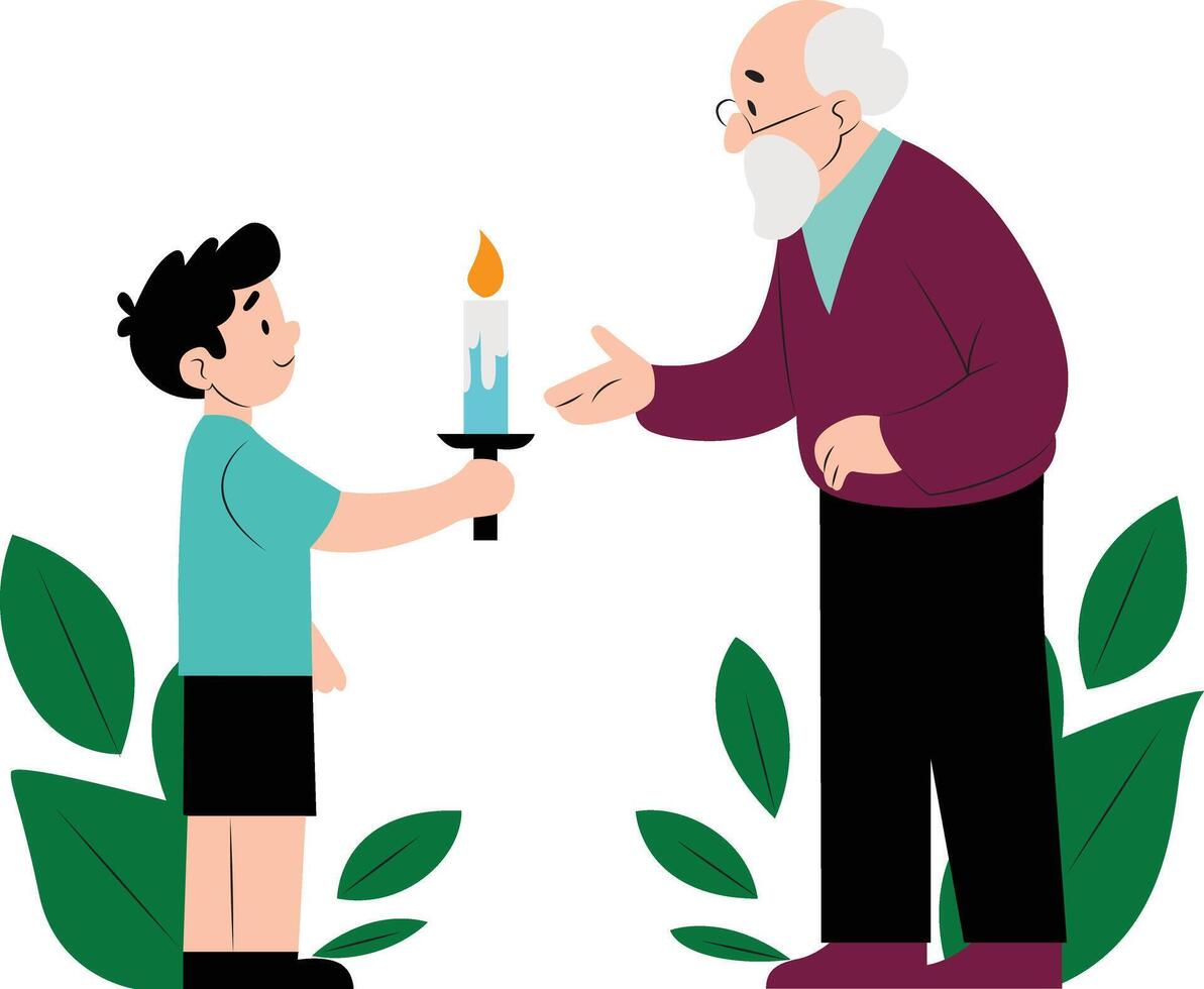 Las Posadas a child handing a candle to an elder vector