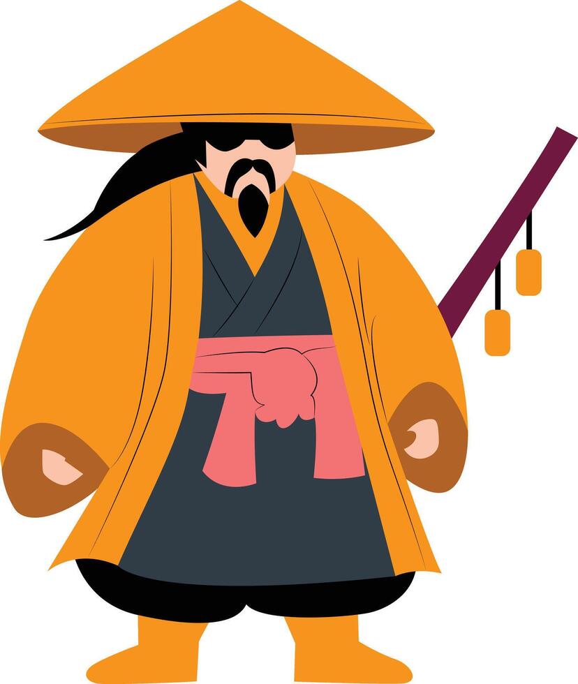 medieval Japanese farmer wearing straw raincoat cartoon vector