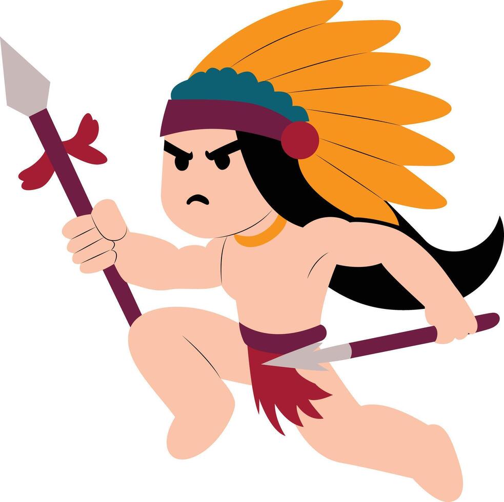 native American Indian warrior holding spear jumping vector