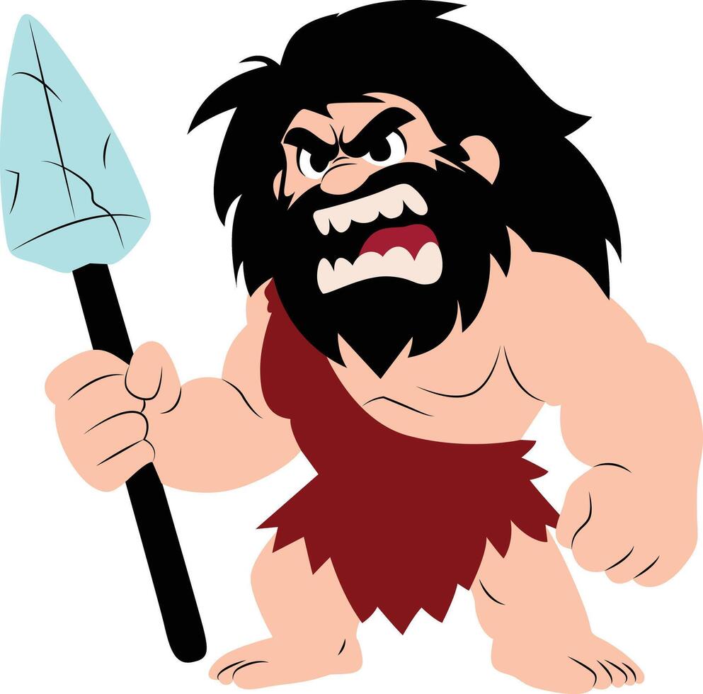 aggressive caveman with stone spear cartoon vector