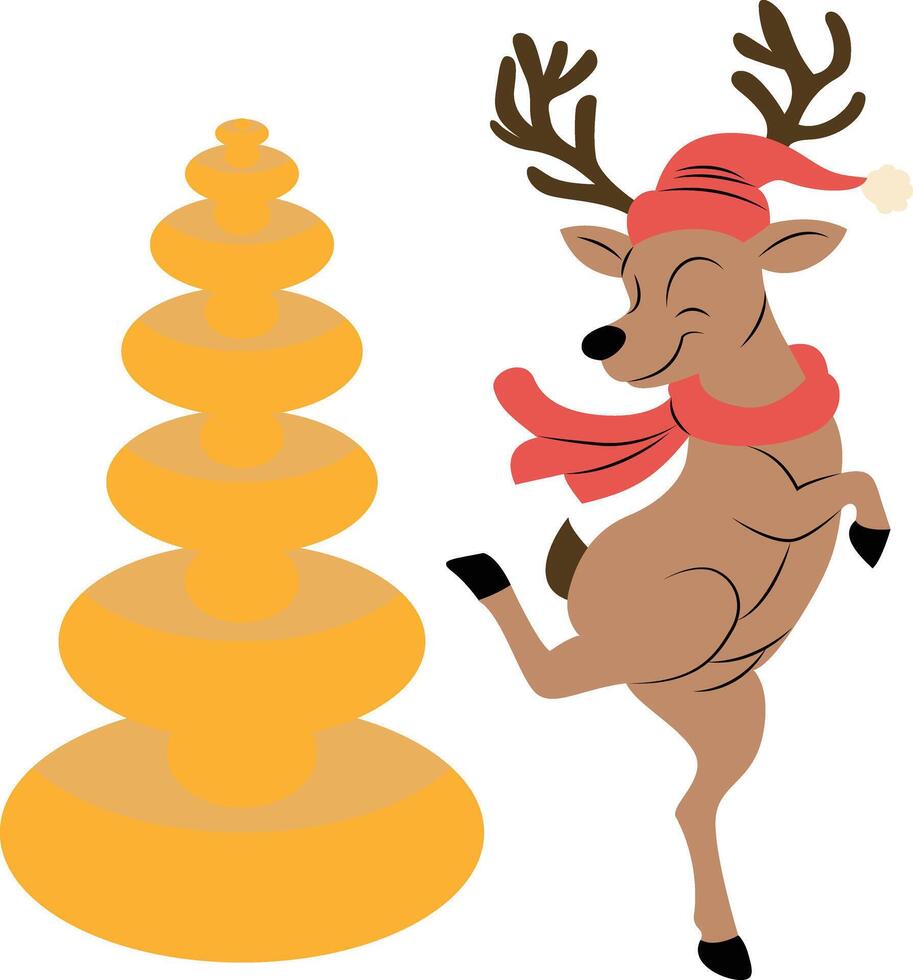 Reindeer dancing next to a golden Christmas tree vector