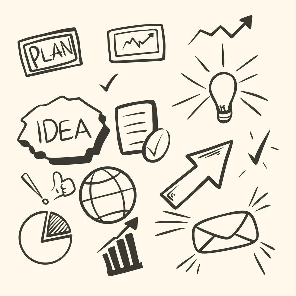 Hand-Drawn Business Planning and Strategy Symbols with Icons and Graphics vector