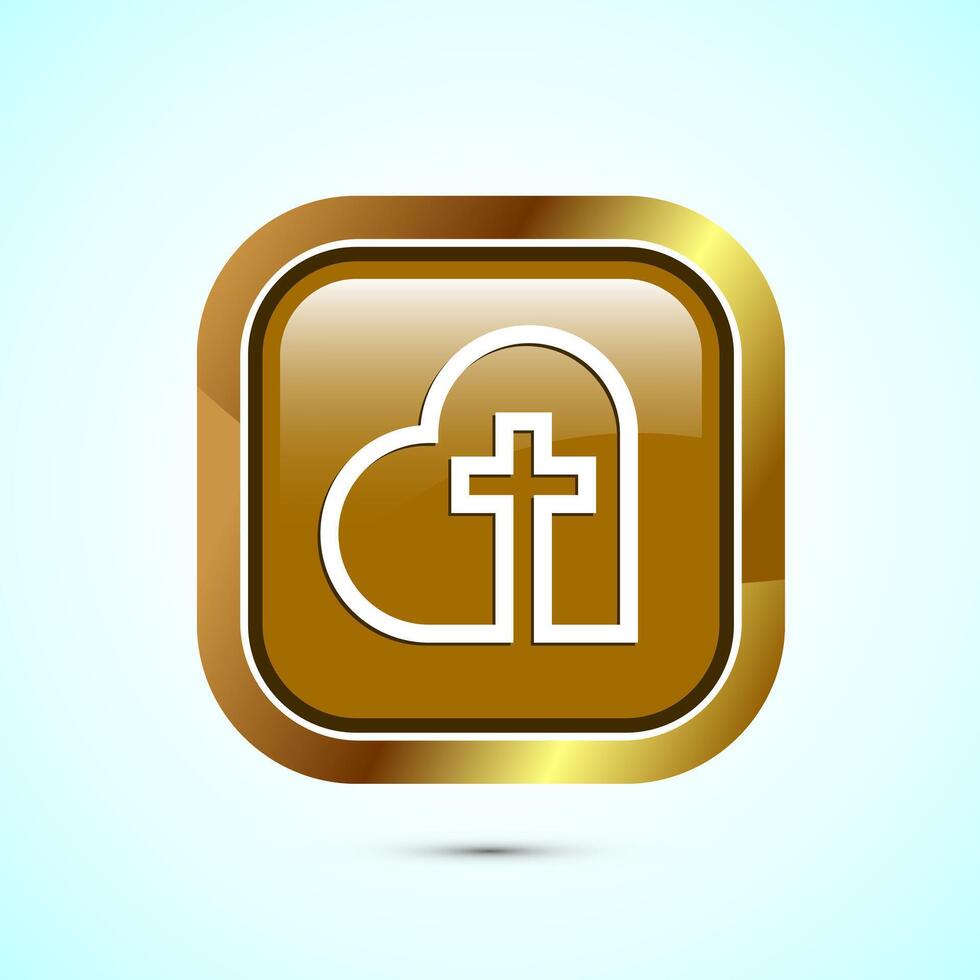 Christian cross icon design illustration, Religion sign. Holy cross logo symbol, Gold color square button design vector
