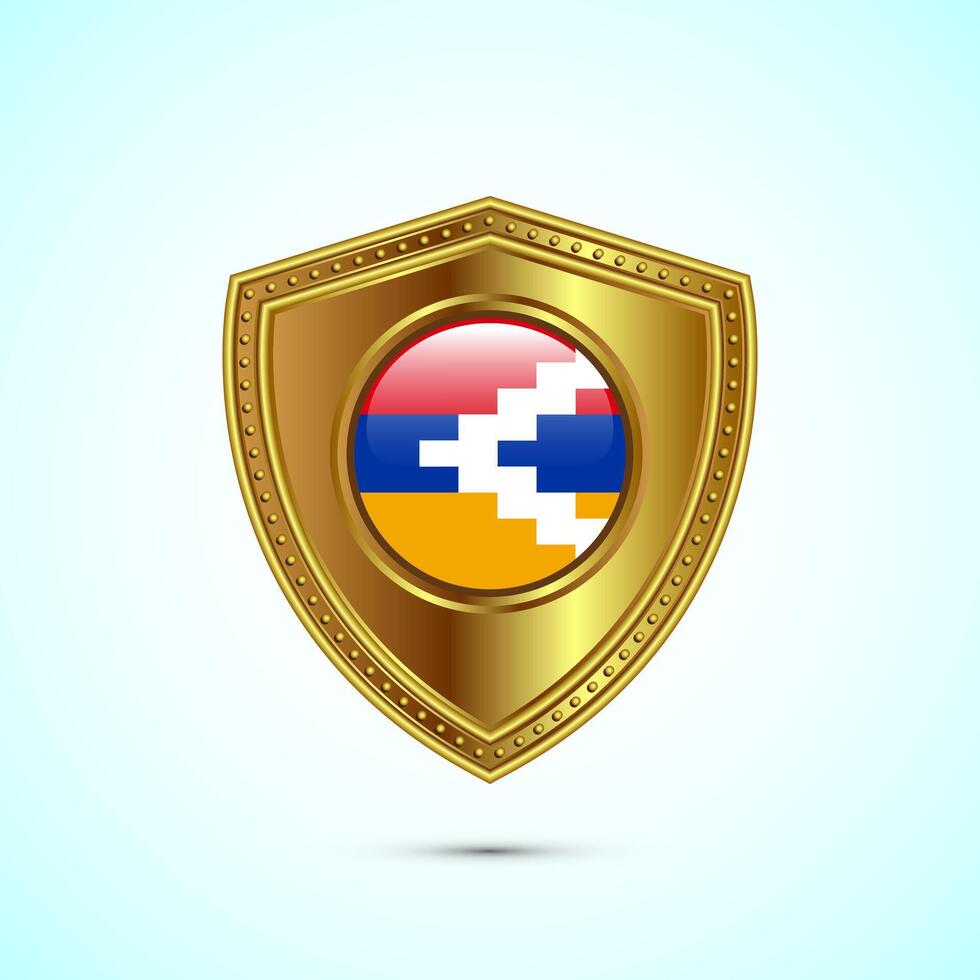 Rounded flag of Artsakh with glossy gold shield vector