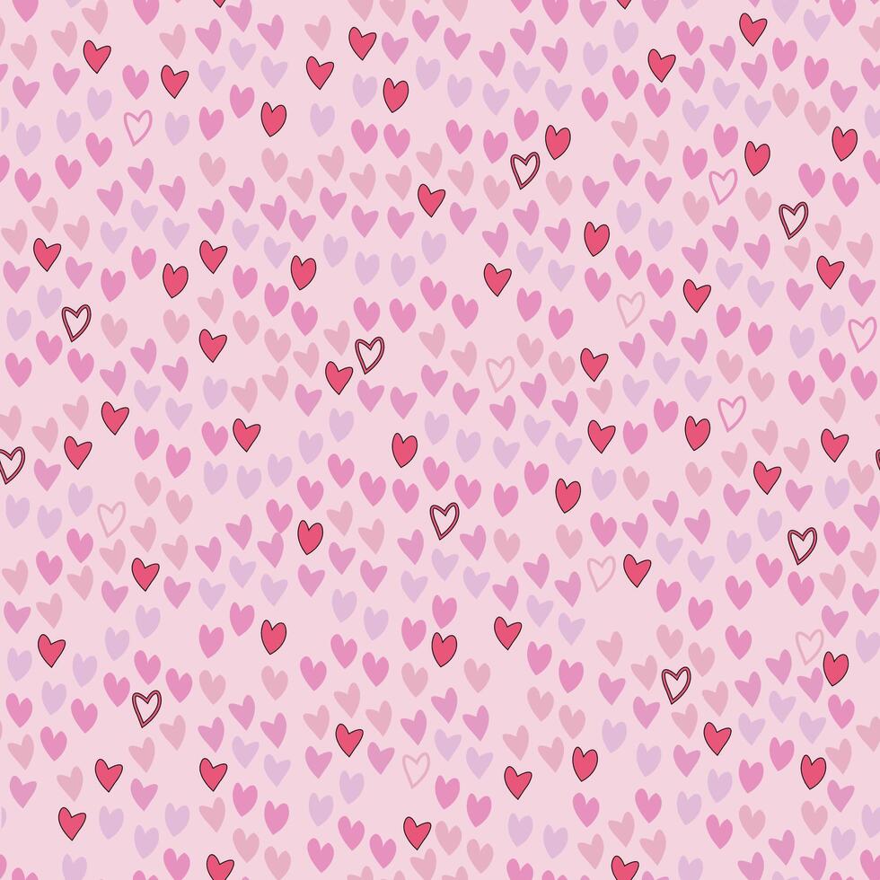 A seamless , blending pattern of pink and red hearts irregularly scattered on a light pink background. Great for digital Valentines projects backgrounds, fabrics, or gift wraps. vector