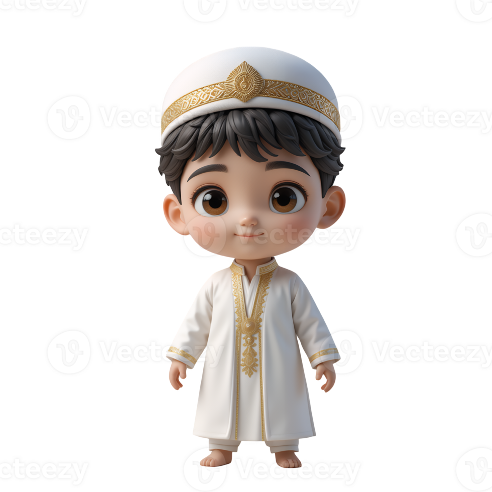 Adorable Cartoon Boy in Traditional White Thobe and Cap png