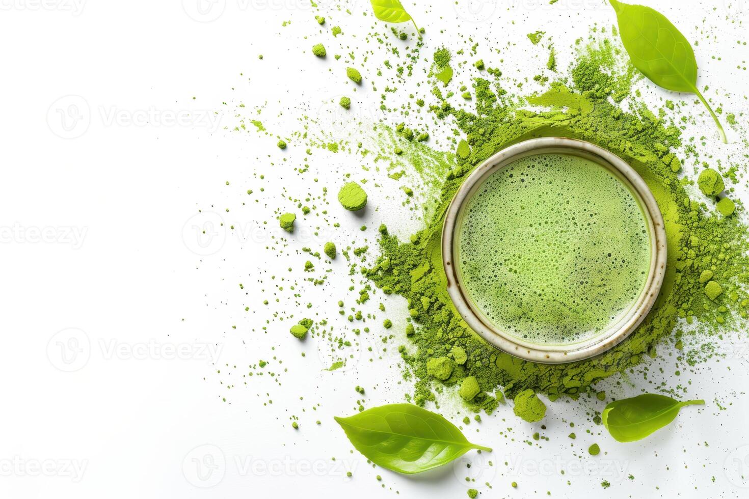 Matcha green tea in bowl with leaves and powder isolated on white background, copy space photo