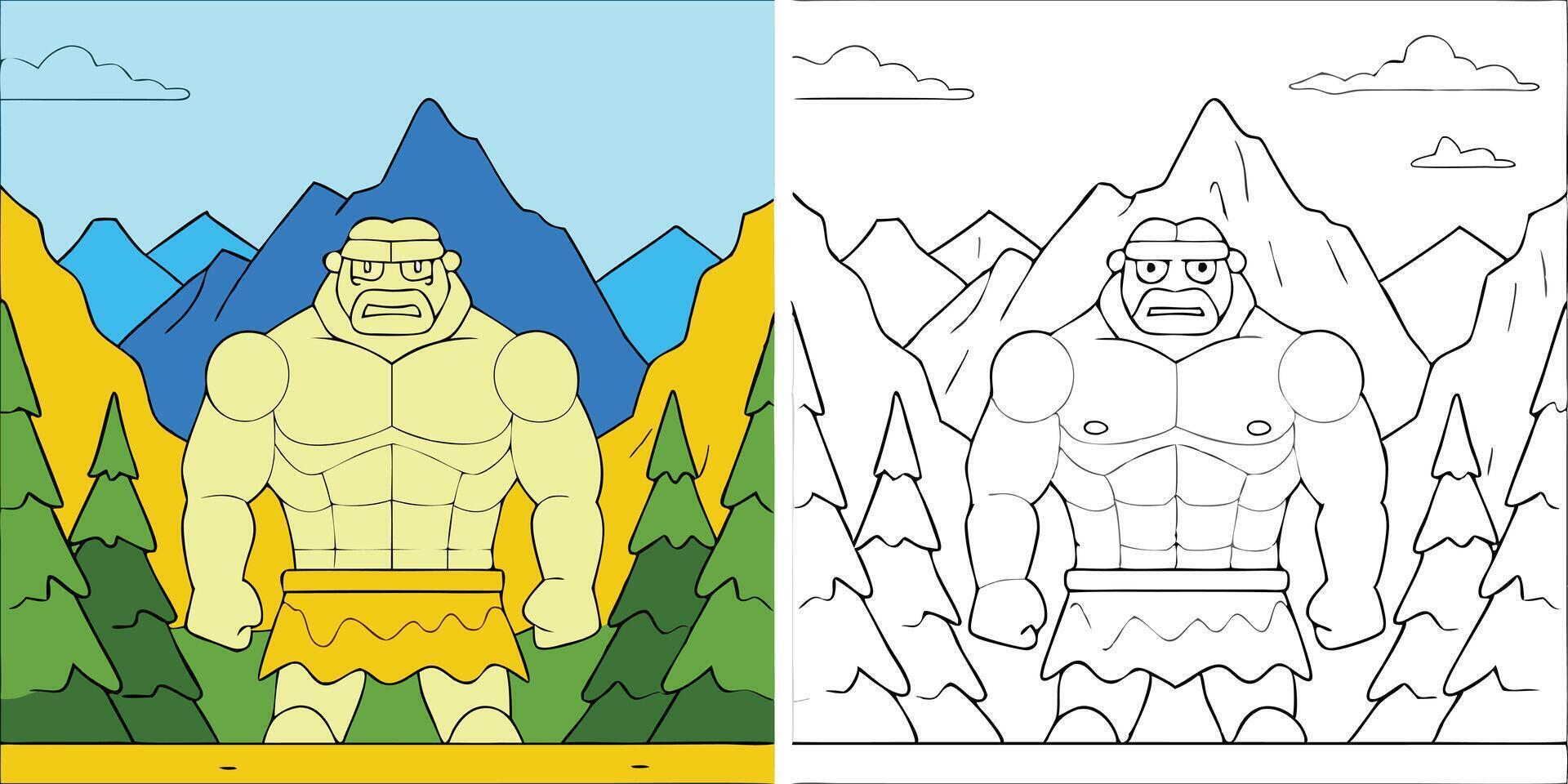 Muscular Caveman Coloring Page Giant, Mountains, Forest vector