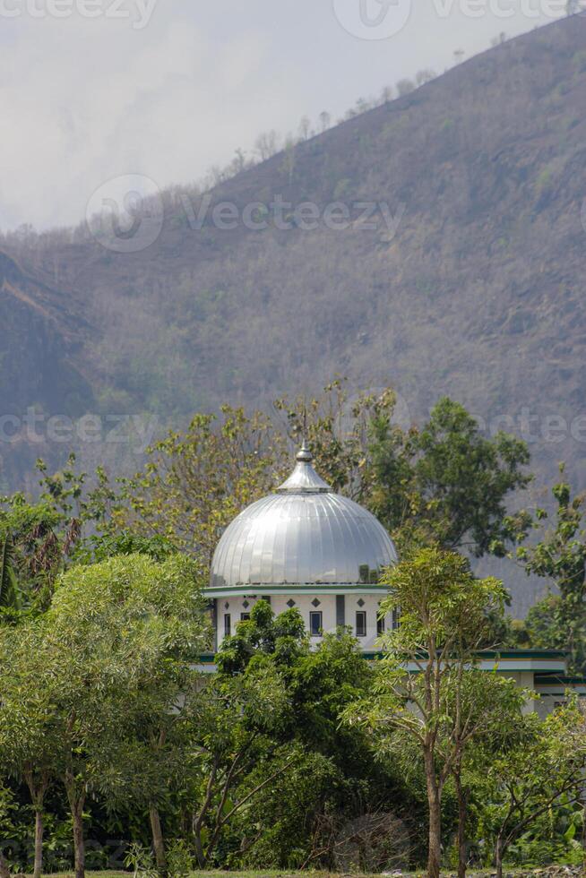 The dome of the mosque stands out from behind the trees against the backdrop of the hills. photo