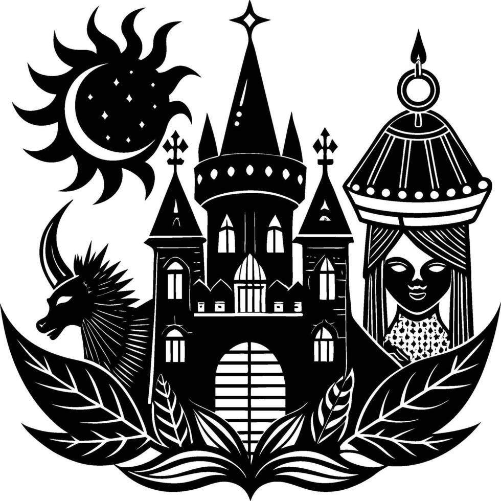 A black and white illustration of a castle and a woman vector
