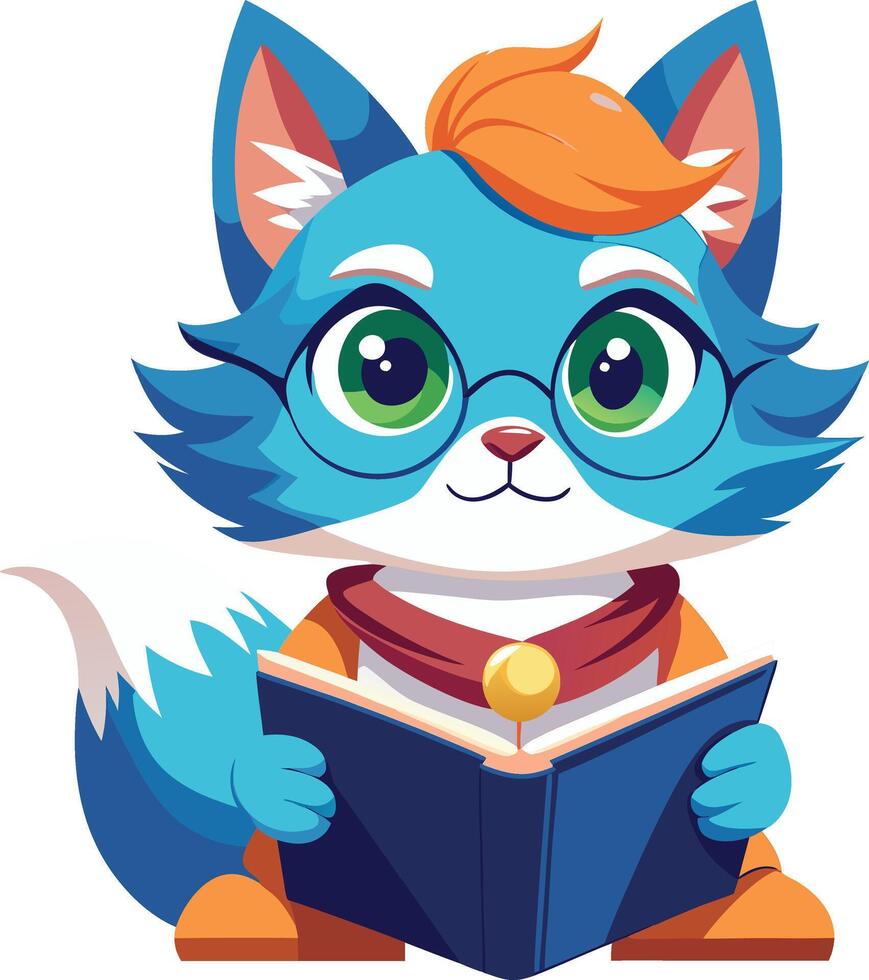 A cartoon blue cat with glasses reading a book vector