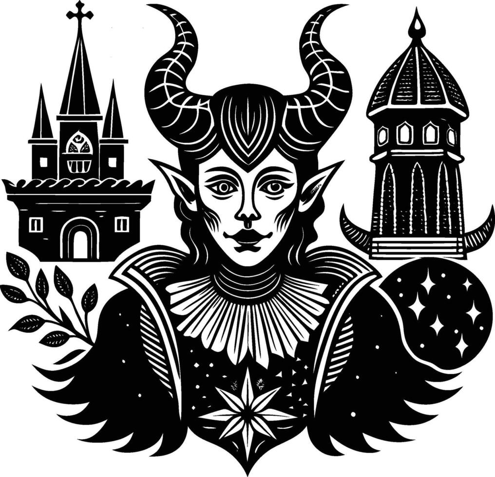 A black and white illustration of a woman with horns and a castle vector