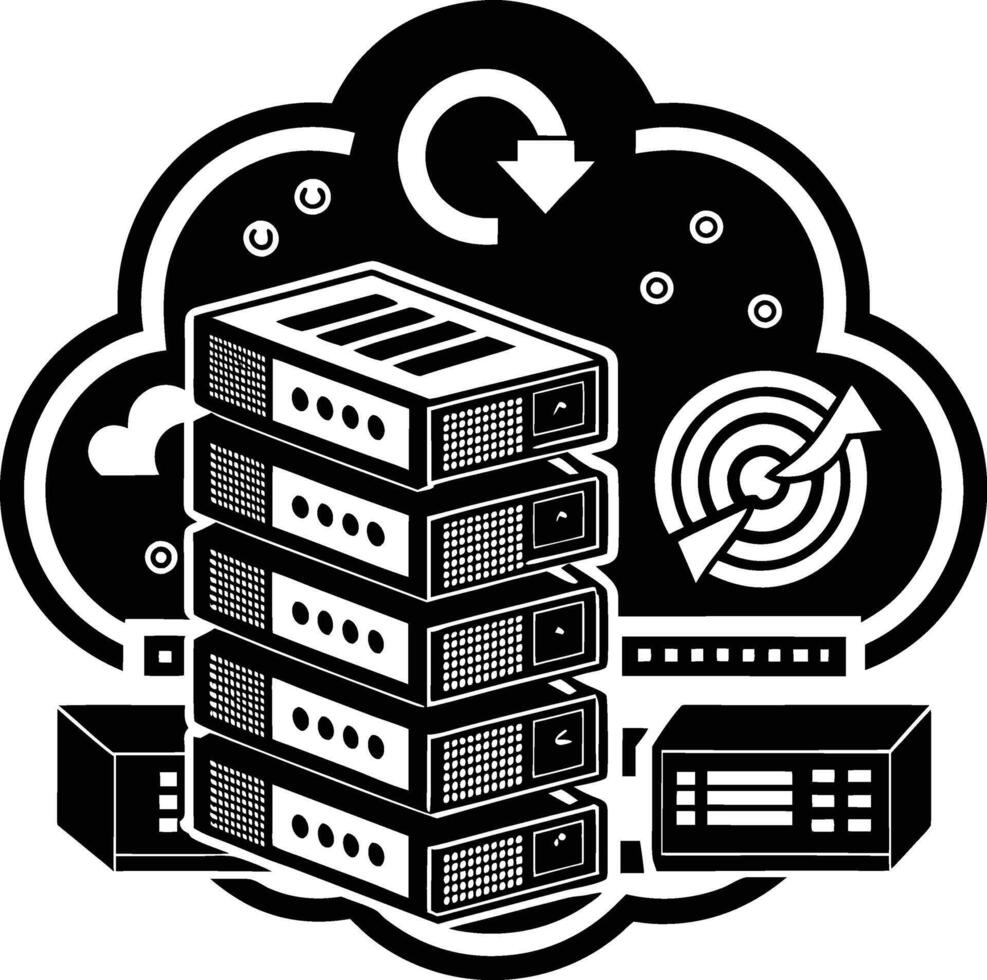 A black and white illustration of a server with a cloud vector