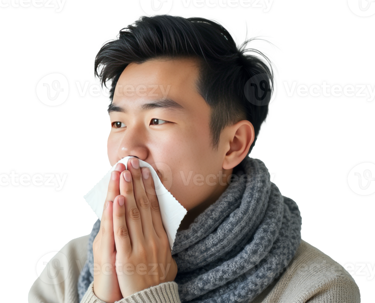 Young man wearing a warm knitted scarf holding a tissue to his face. Isolated on a transparent background, concept of cold and flu png