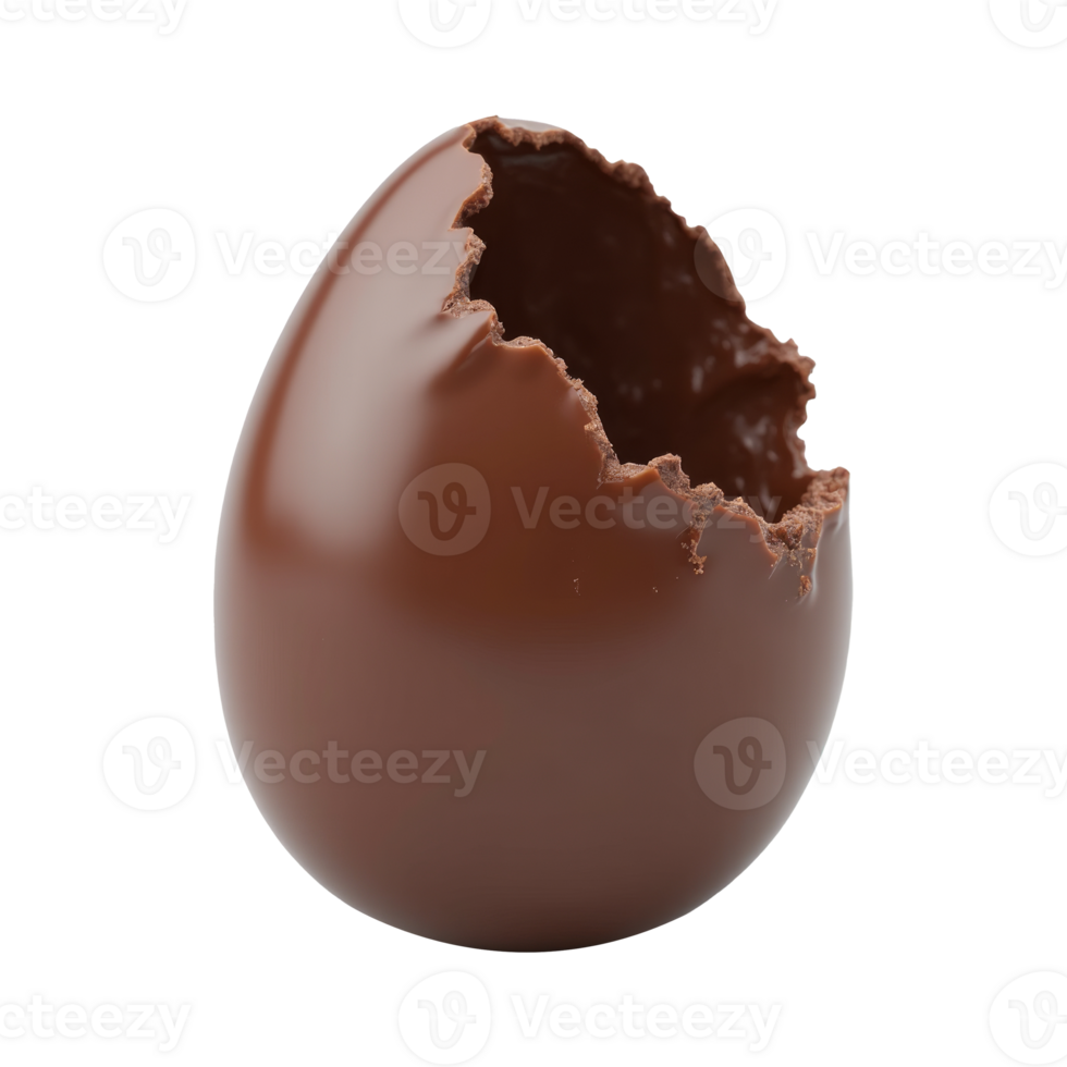 A close-up of a partially eaten chocolate Easter egg with a smooth texture, isolated on a transparent background, representing sweet indulgence png