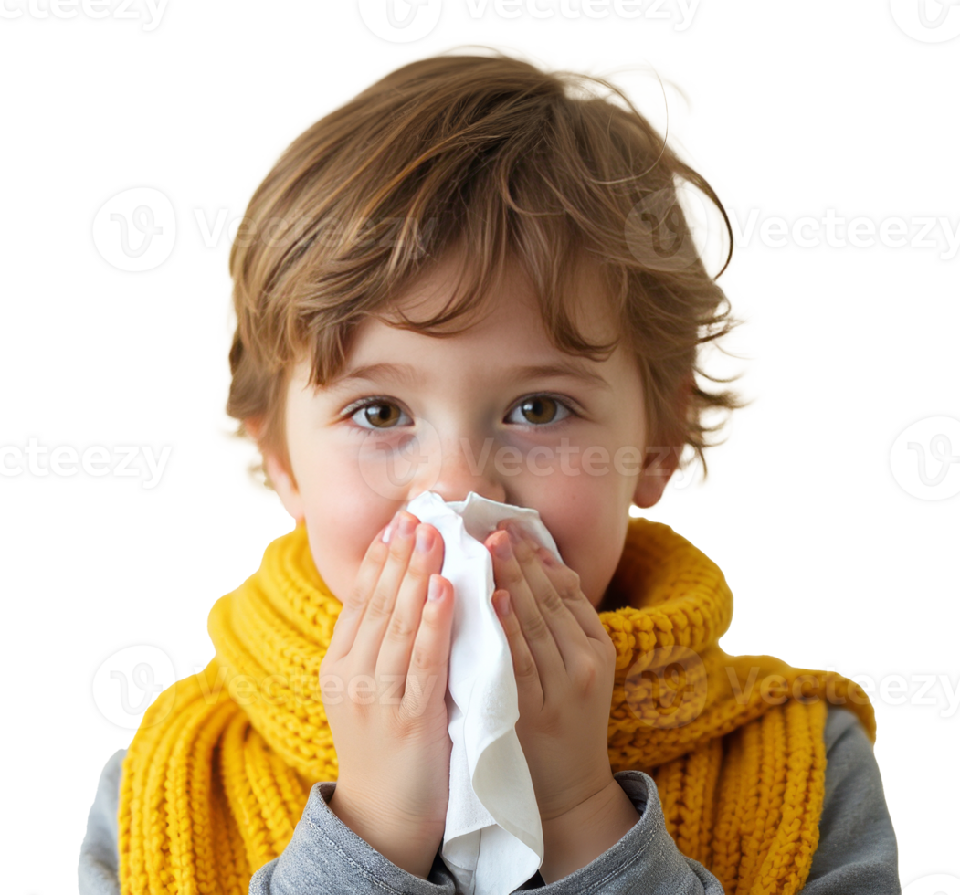 Young child wearing a yellow scarf sneezing into a tissue, isolated on a transparent background. Concept of cold, flu, and seasonal allergies png