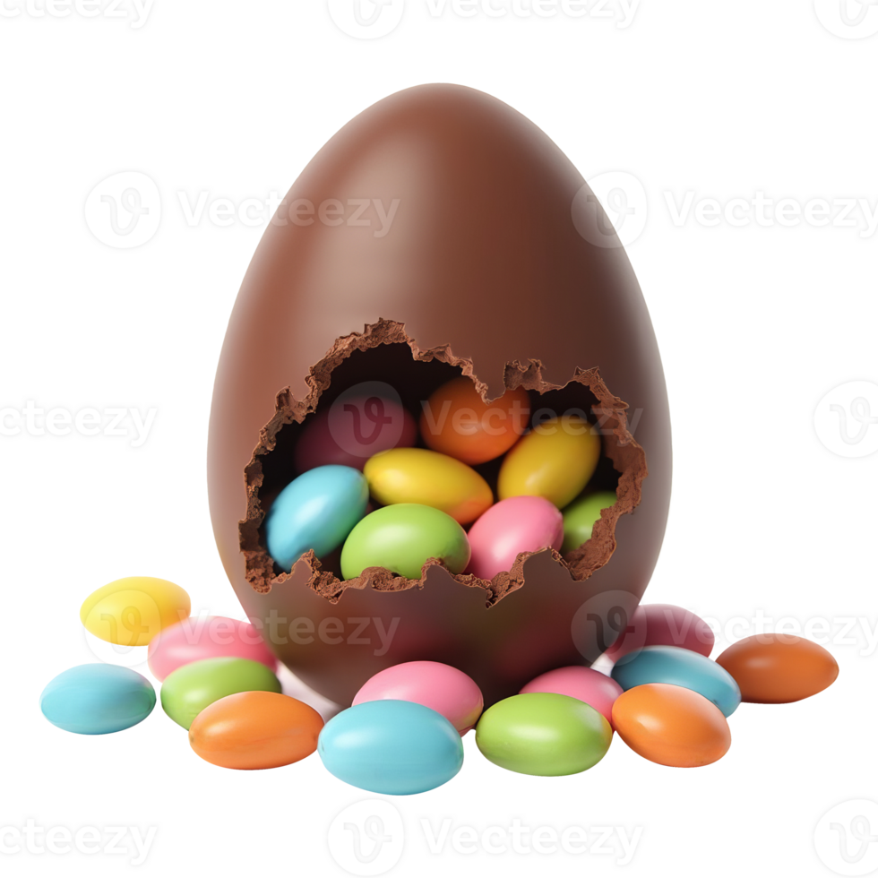 Chocolate egg with a broken part revealing colorful candies, surrounded by more candies on transparent background, Easter concept png