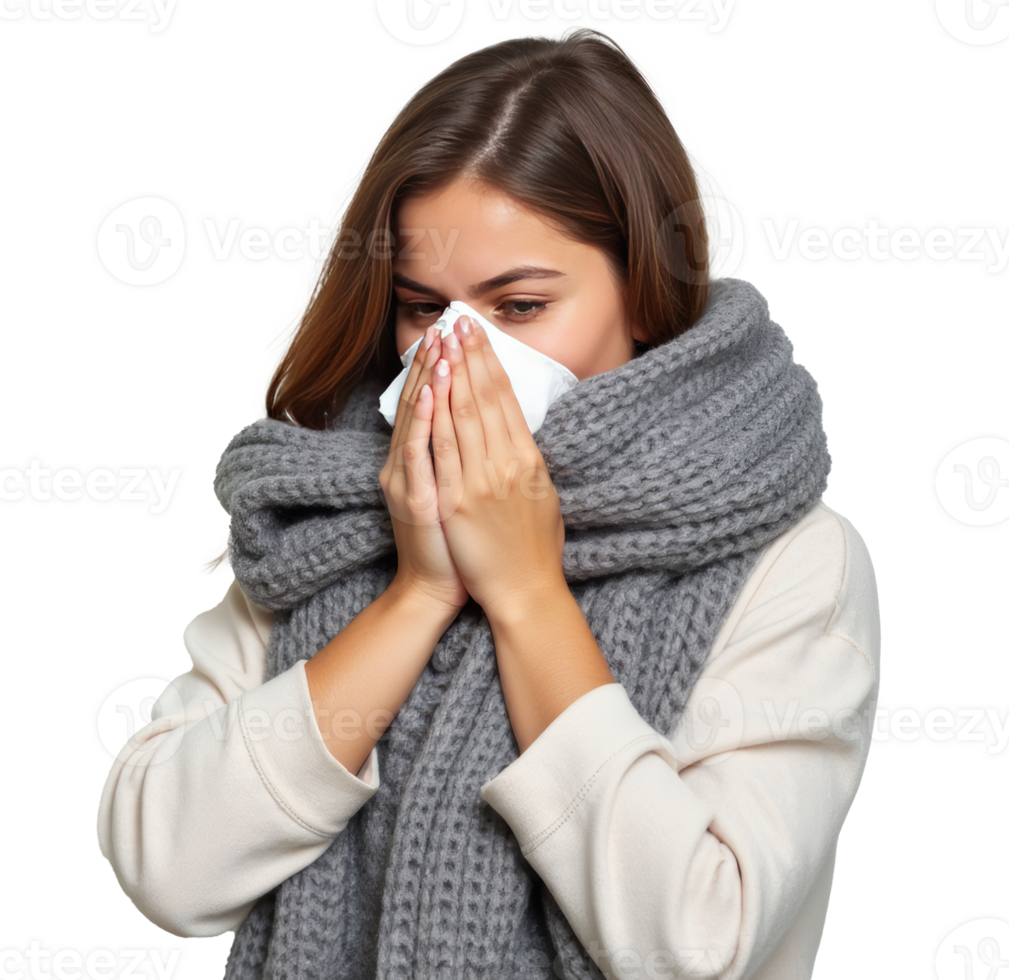 Woman in warm scarf sneezing into tissue, dressed in light clothing, isolated on transparent background, concept of cold and flu prevention png