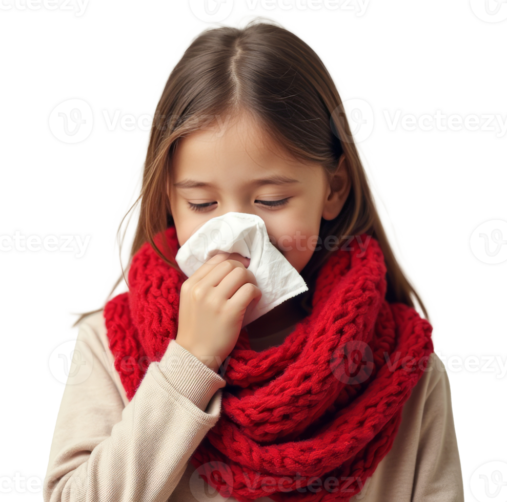 Young girl blowing her nose with a tissue, wrapped in a cozy red scarf, isolated on transparent background. Concept of cold and flu season png