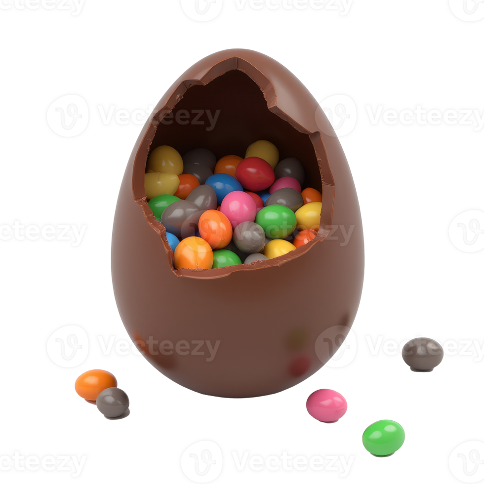 Chocolate egg with broken top exposing vibrant candy inside, surrounded by scattered candies, isolated on transparent background. Easter concept png