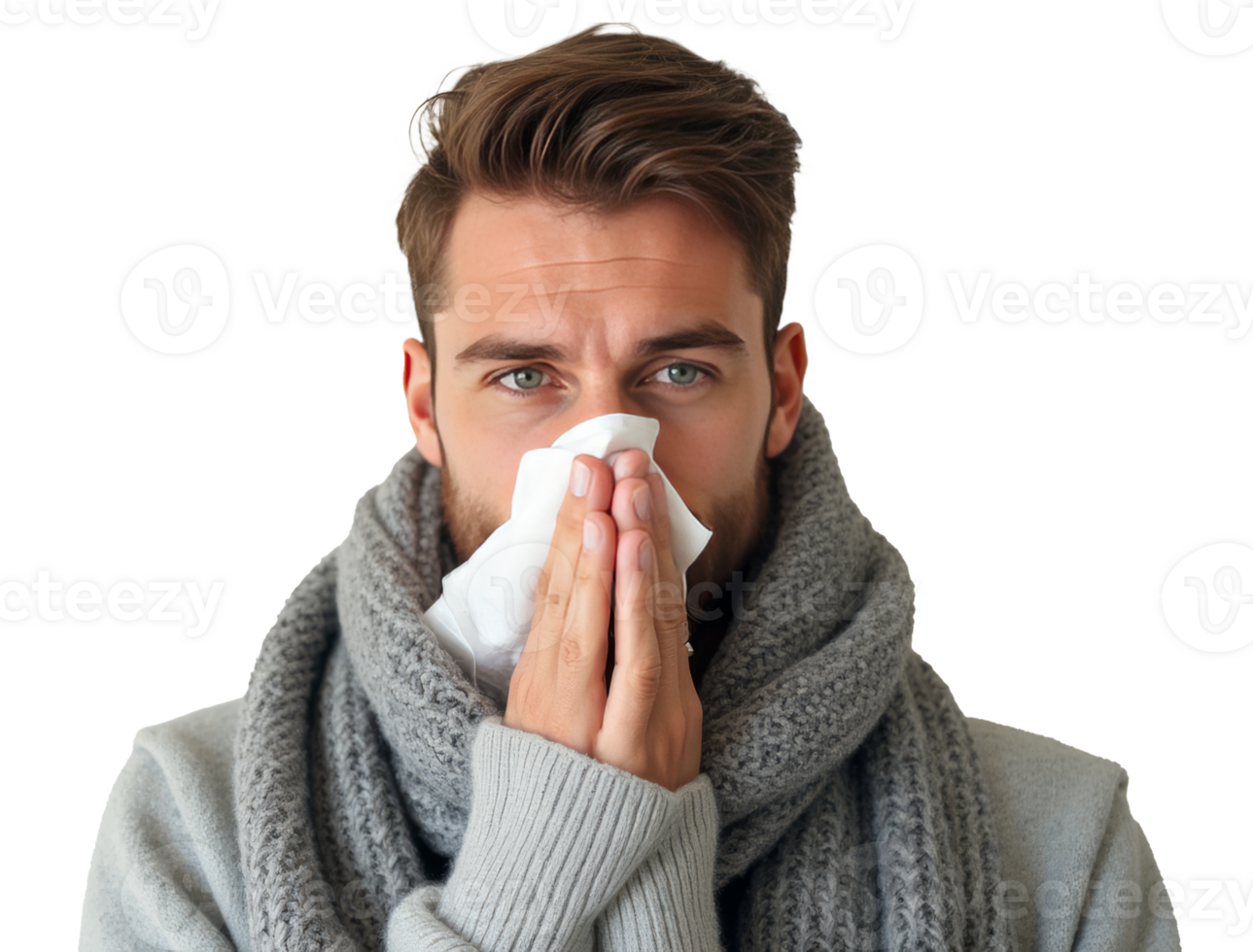 Man holding tissue to his nose, wearing warm clothes on a transparent background. Concept of cold, flu, illness, or seasonal allergies png