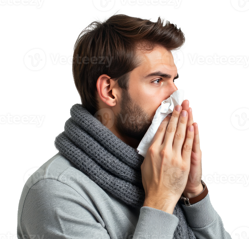 Man sneezing into a tissue, wearing a gray scarf and sweater, isolated on transparent background, concept of cold and flu discomfort png