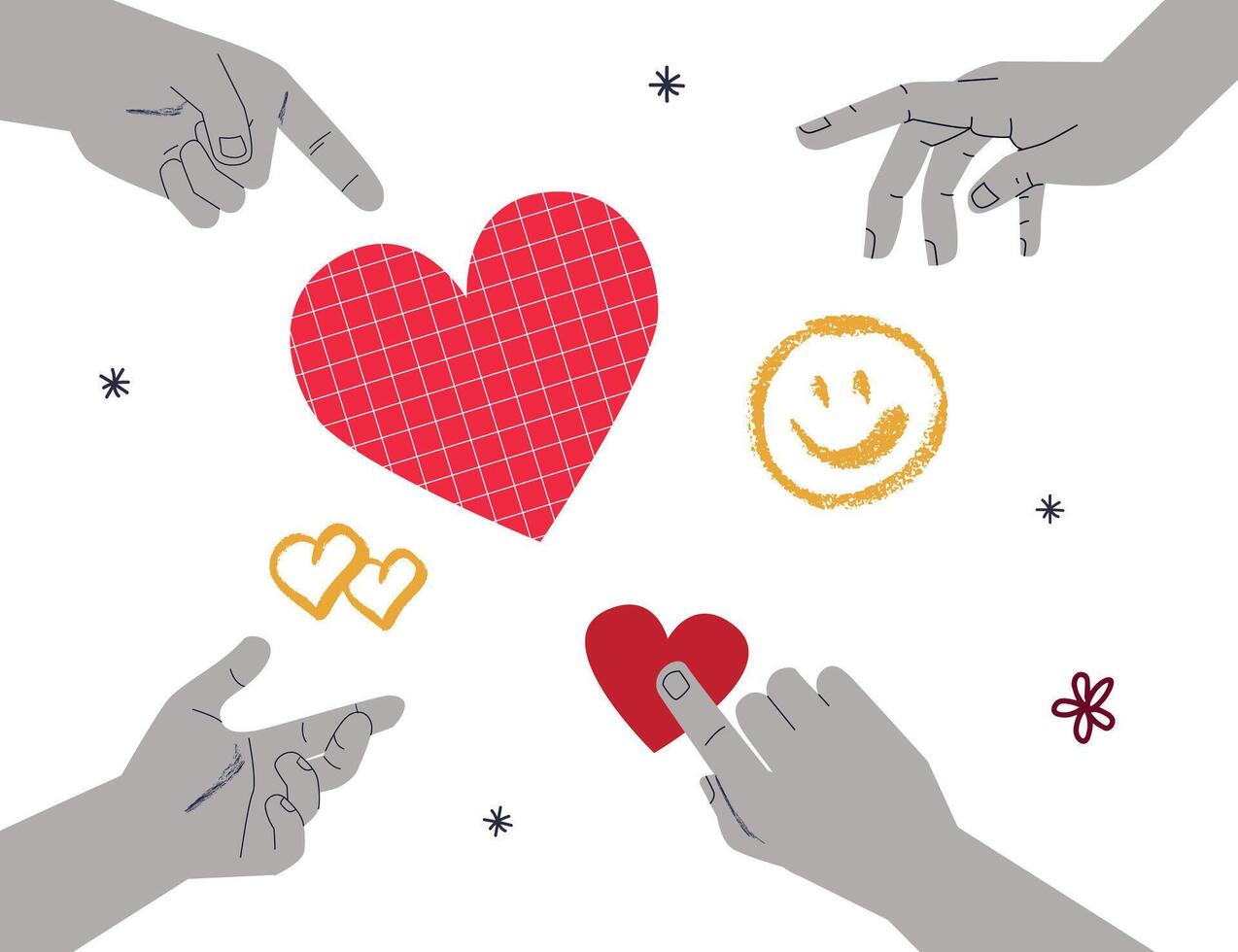 A minimalistic illustration showing several hands interacting with hearts and a smiley face. A symbol of various dating goals relationships, connection, friendship. vector