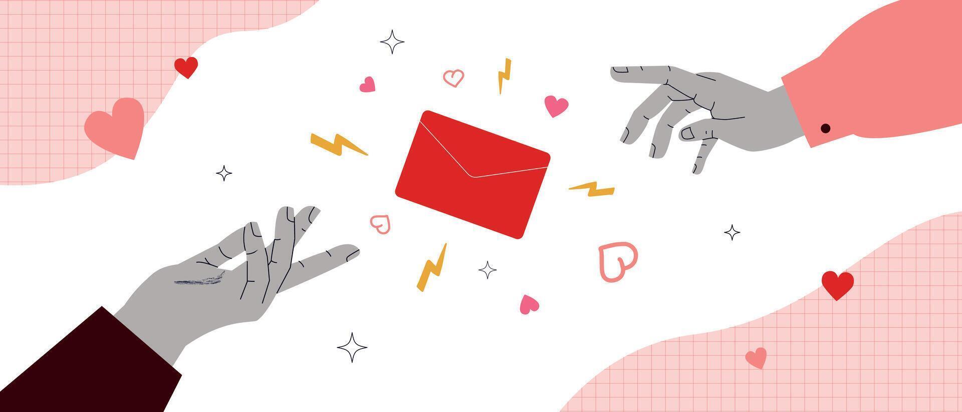 Two hands stretched out to each other, and a red envelope flying between them. A metaphor for love, excitement, and connection. The illustration is suitable for Valentine's Day, romantic designs. vector