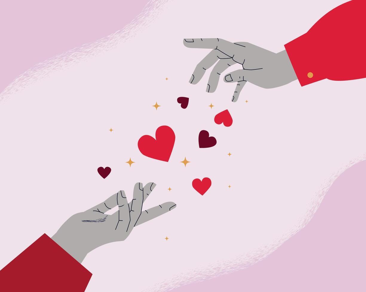 Two hands reaching for each other, surrounded by floating hearts. The concept of love, connection and togetherness. An illustration for Valentine's Day, wedding invitations or a romantic card. vector