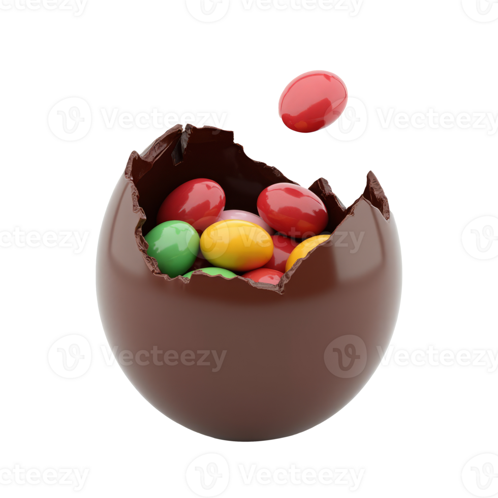 Broken chocolate egg filled with colorful candies, isolated on a transparent background. Concept of festive Easter treats and sweetness png