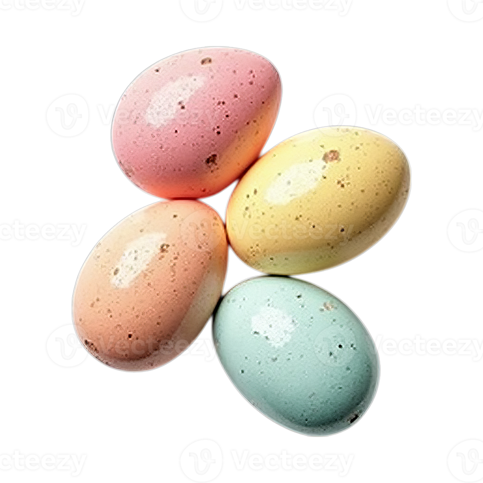 Four pastel-colored speckled eggs, displayed against a transparent background. Symbolic of Easter and springtime celebration png