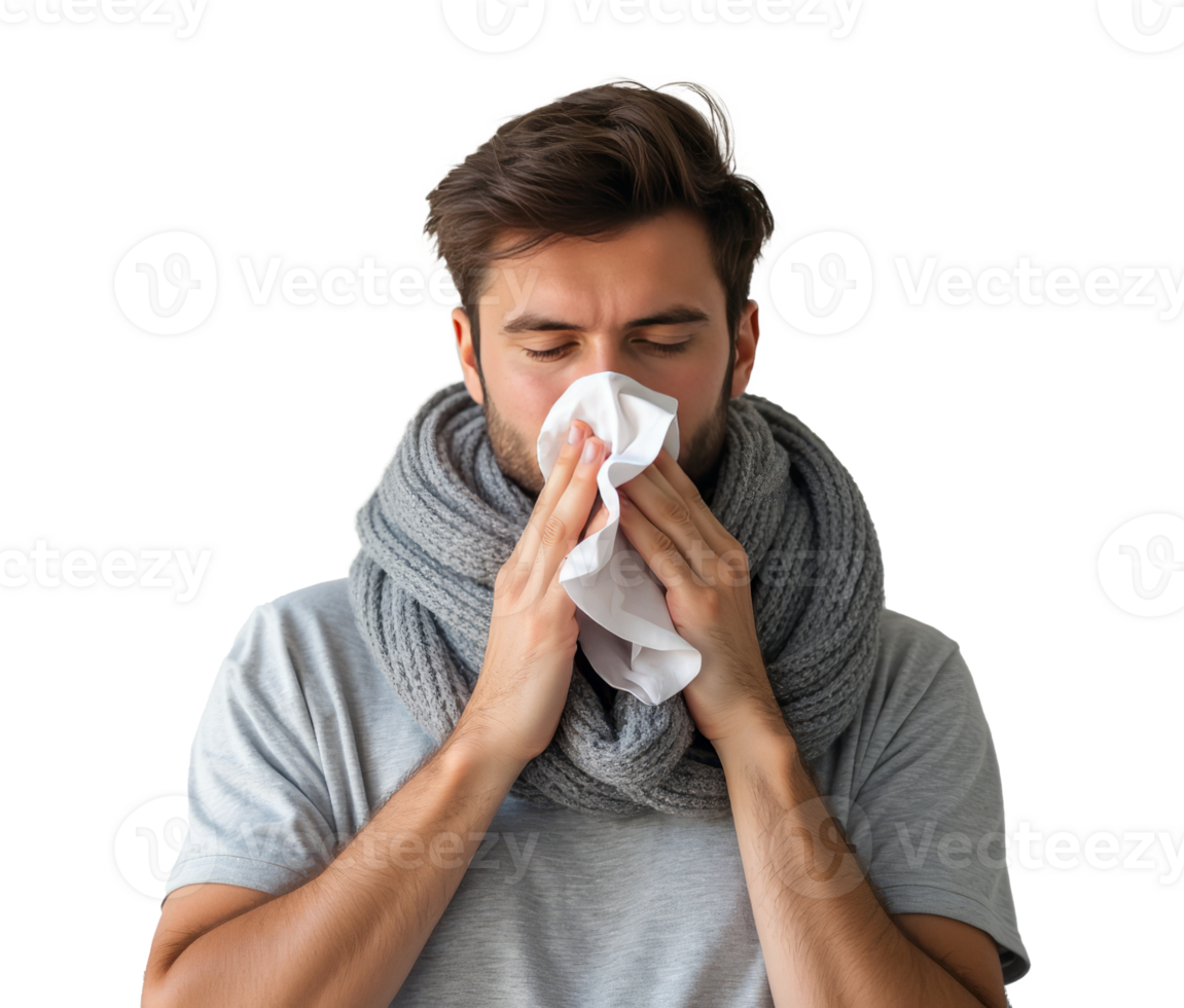 Man blowing his nose into a tissue, wearing a gray scarf and light shirt, isolated against a transparent background, concept of cold or flu png
