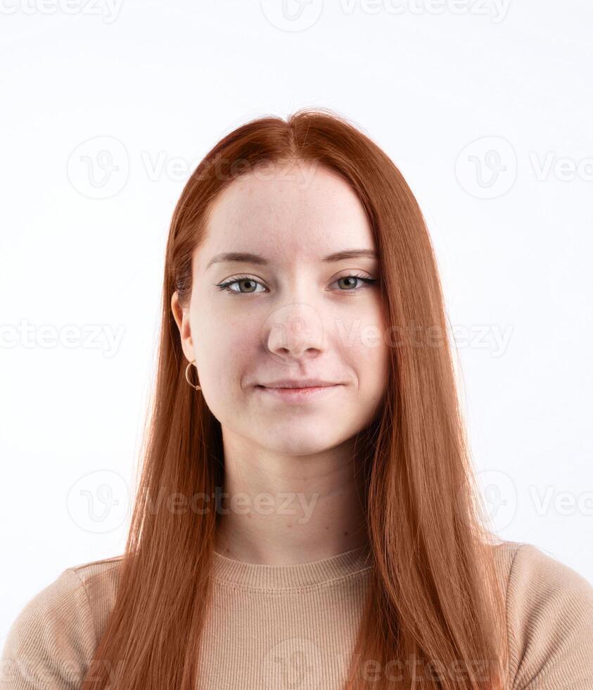 Mocha Mousse - color of the year 2025. Biometric Passport photo of attractive female