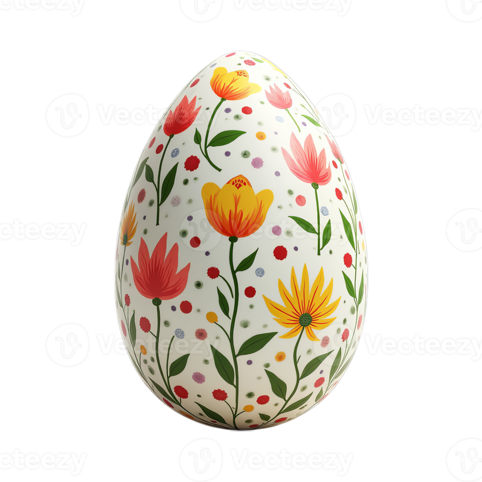 Decorated Easter egg with colorful flower patterns and leaves on transparent background, representing the concept of spring png