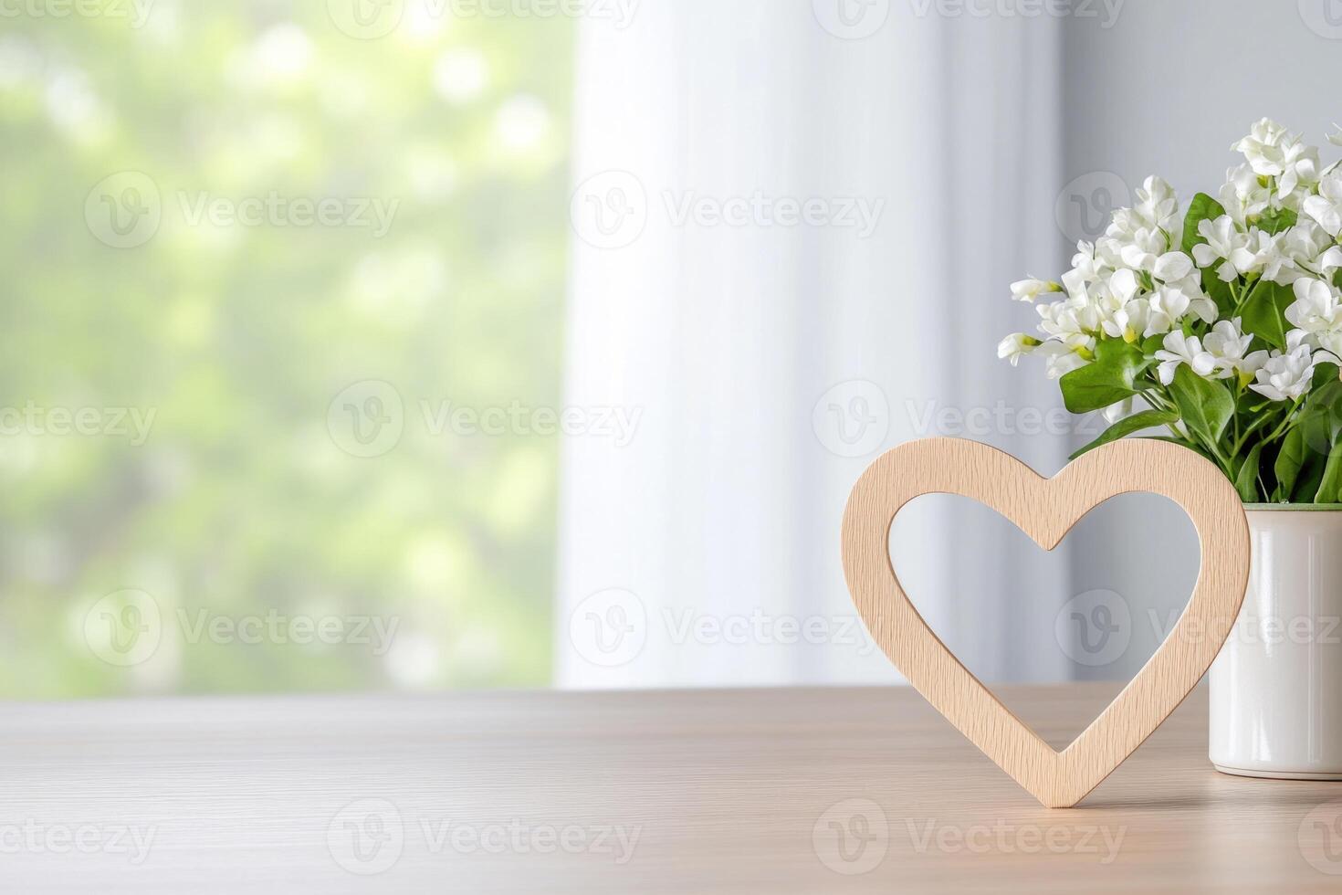 Photo frame of heart shape for mockup design on light table background.