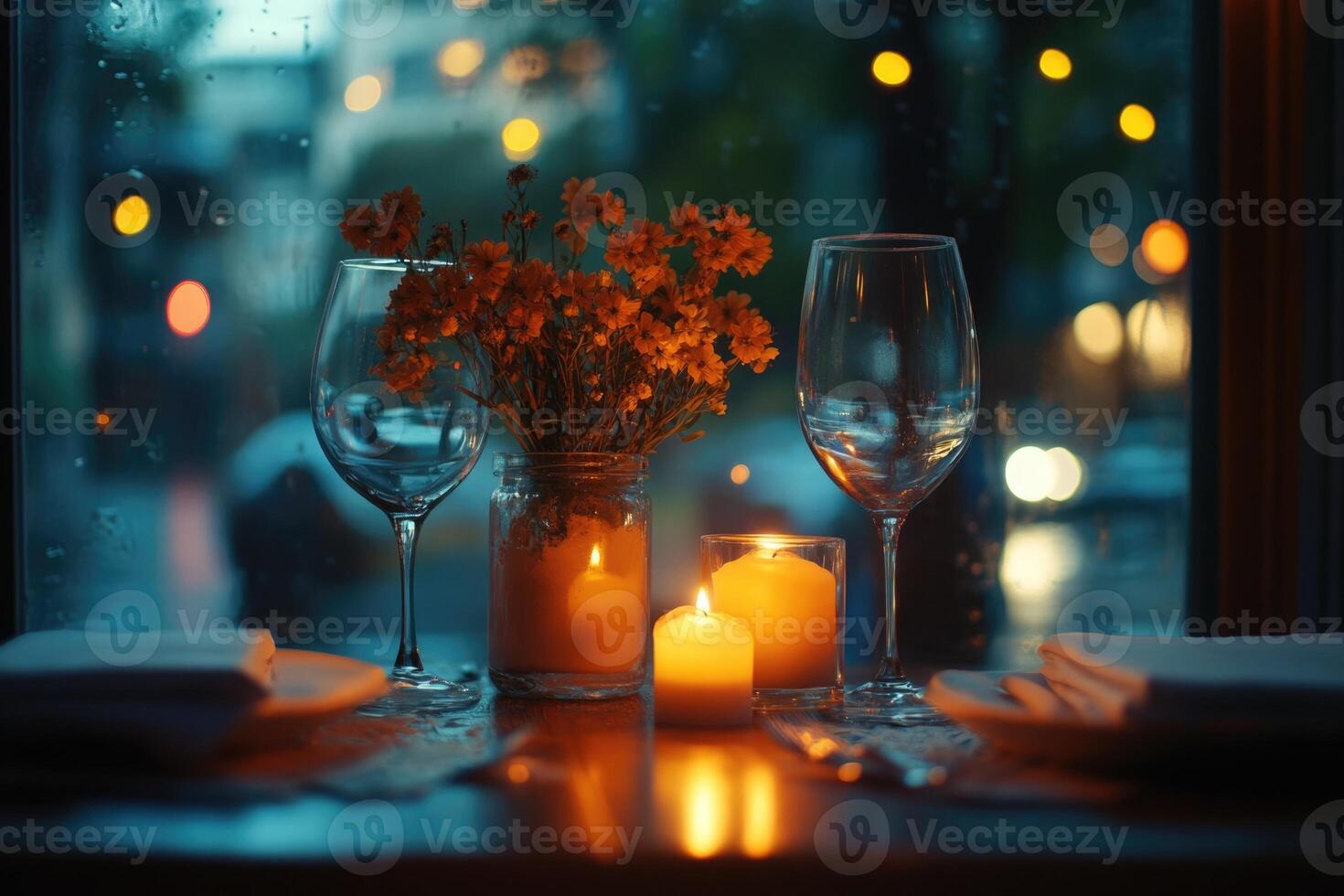 candlelight romantic dinner table for two in restaurant. photo