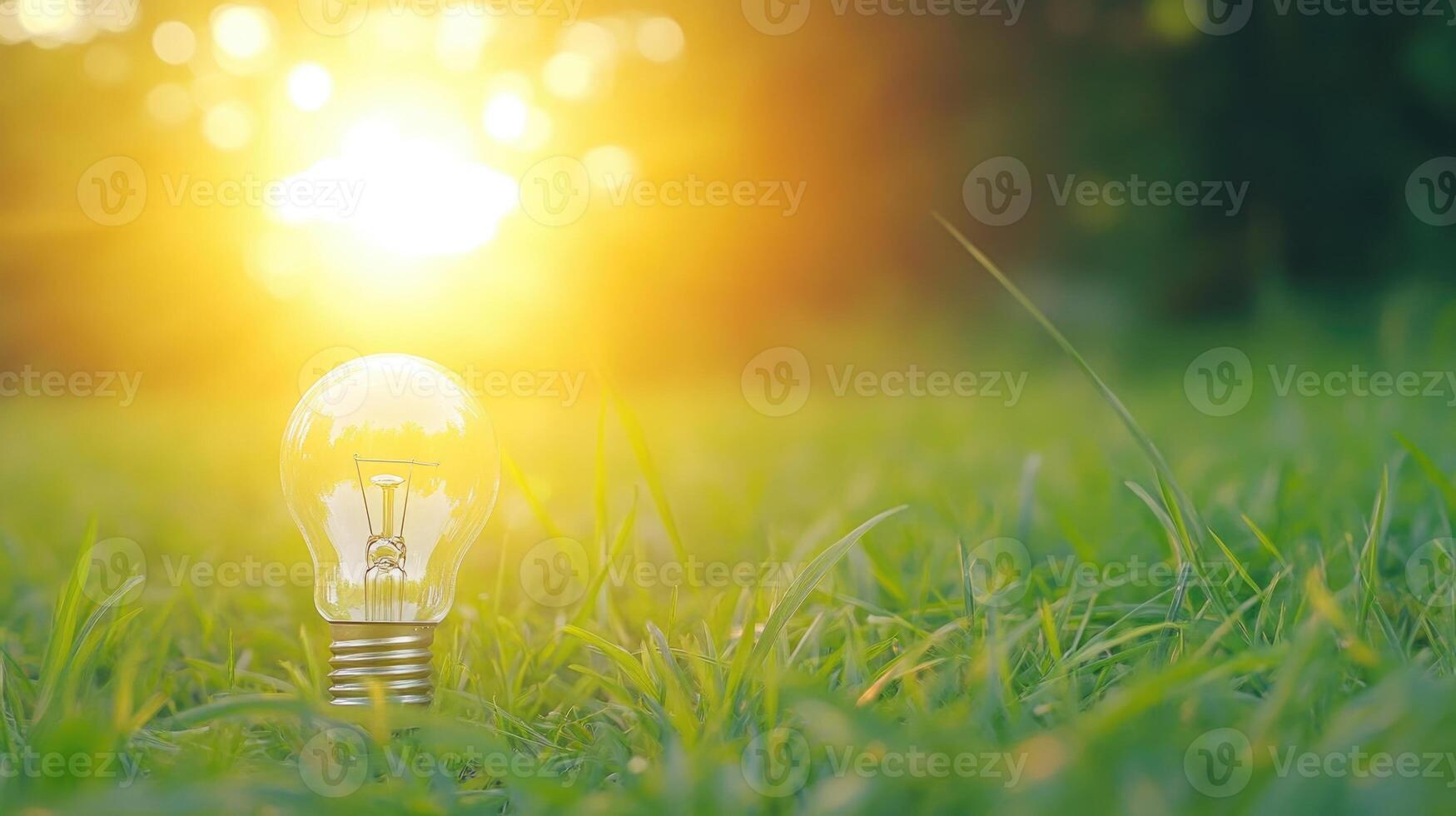 close up lightbulb on green grass with sunset and bokeh background. photo
