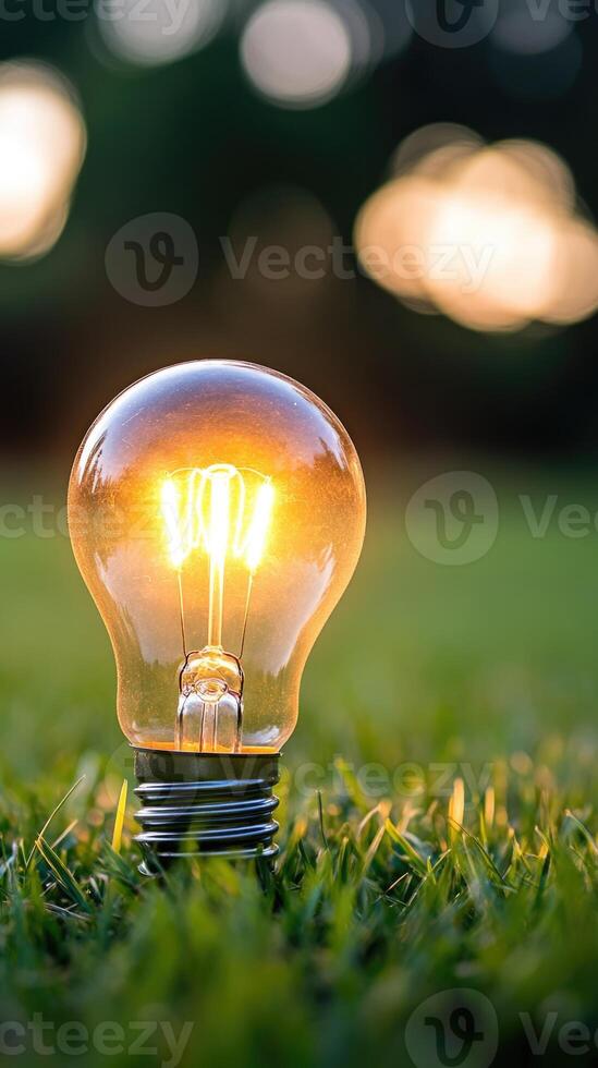 close up lightbulb on green grass with sunset and bokeh background. photo