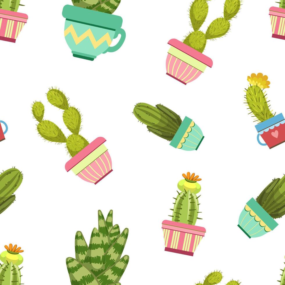 Cactuses and Succulents in Flower Pots Seamless Pattern, Design Element Can Be Used for Fabric, Wallpaper, Packaging, Background Illustration vector