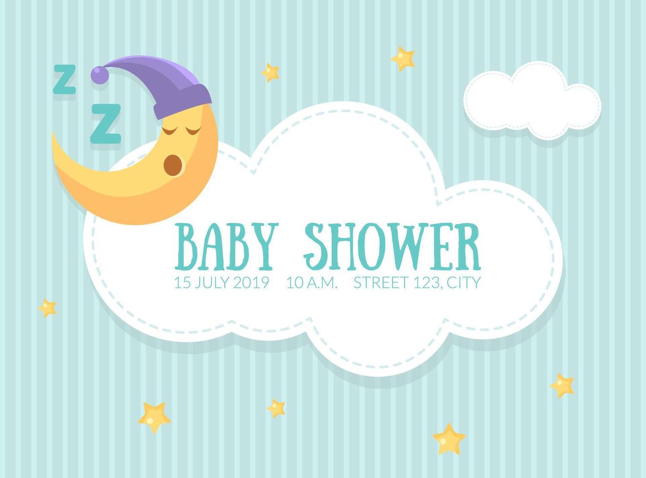 Baby Shower Invitation Template, Cute Card with Sleeping Moon, Cloud and Place For Text Illustration vector
