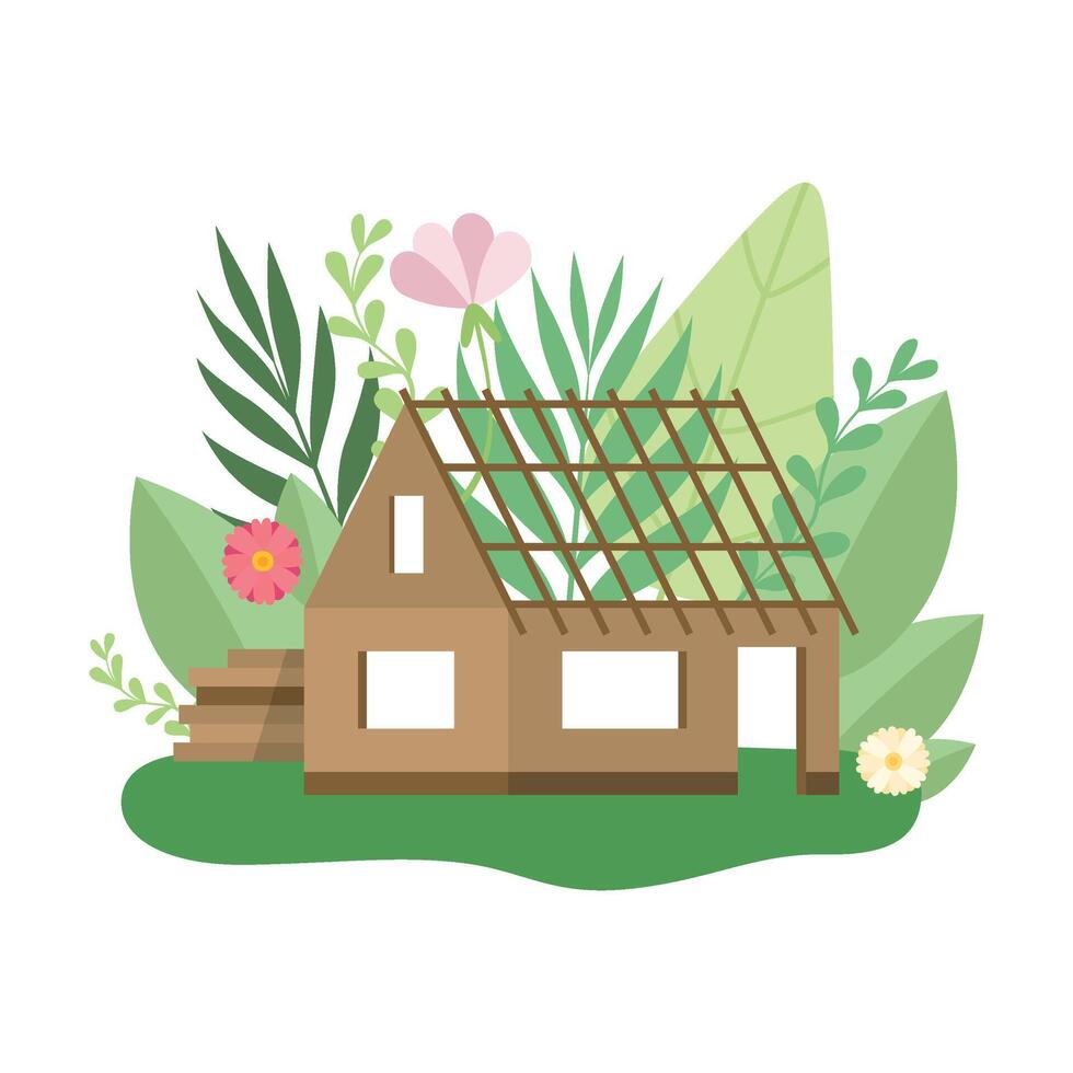 Process of Building Country House, Small Cottage in Spring or Summer Season with Blooming Flowers and Leaves Illustration vector