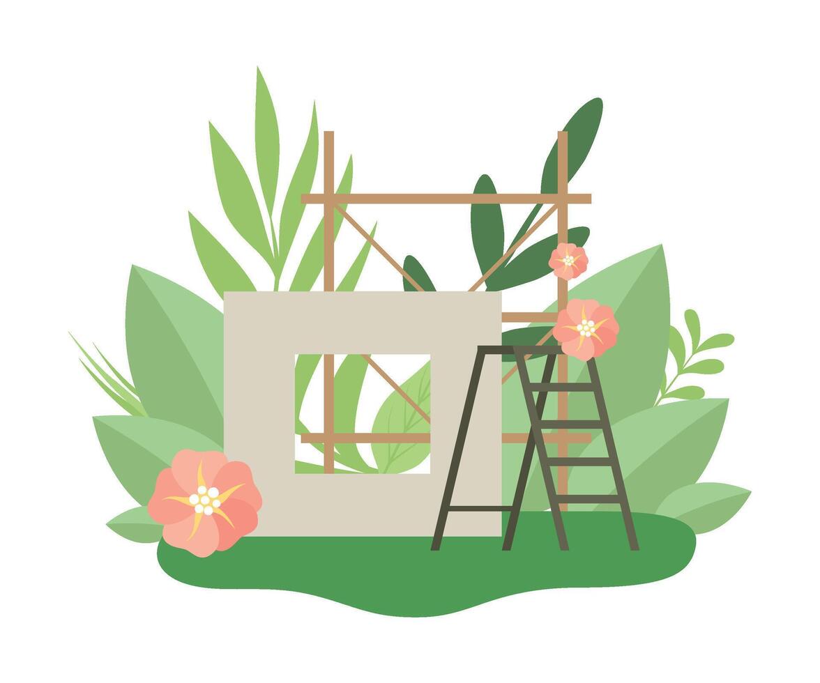 Process of Building House, Construction Panel and Ladder in Spring or Summer Season with Blooming Flowers and Leaves Illustration vector