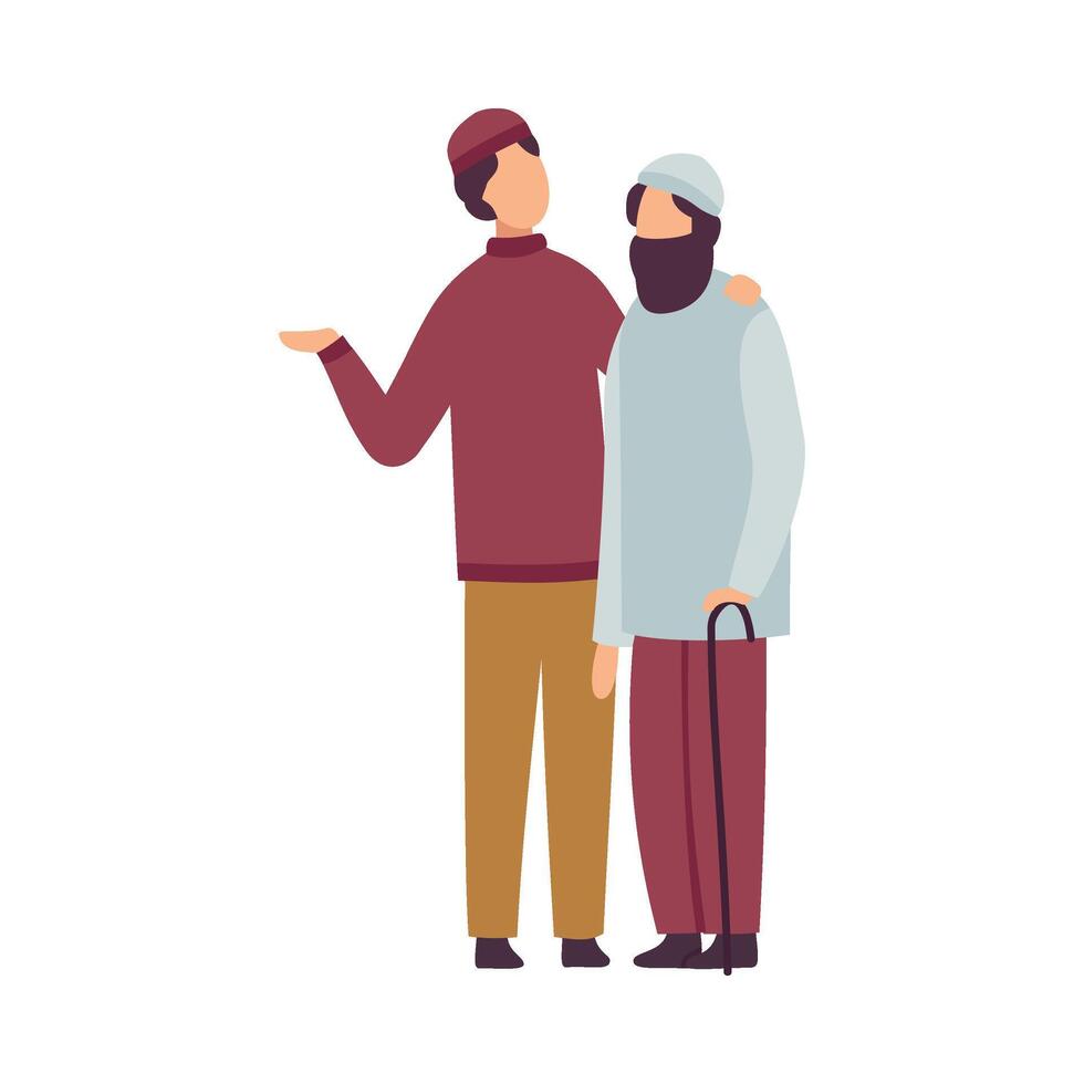 Muslim Men Greeting and Hugging Each Other as They Celebrating Eid Al Adha Islamic Holiday Illustration vector