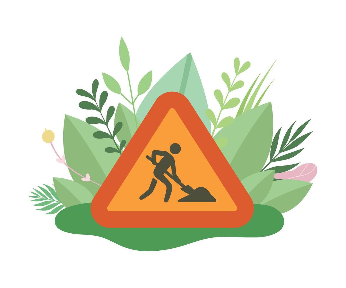 Under Construction Sign with Man Digging Ground in Blooming Flowers and Leaves in Spring or Summer Season Illustration vector