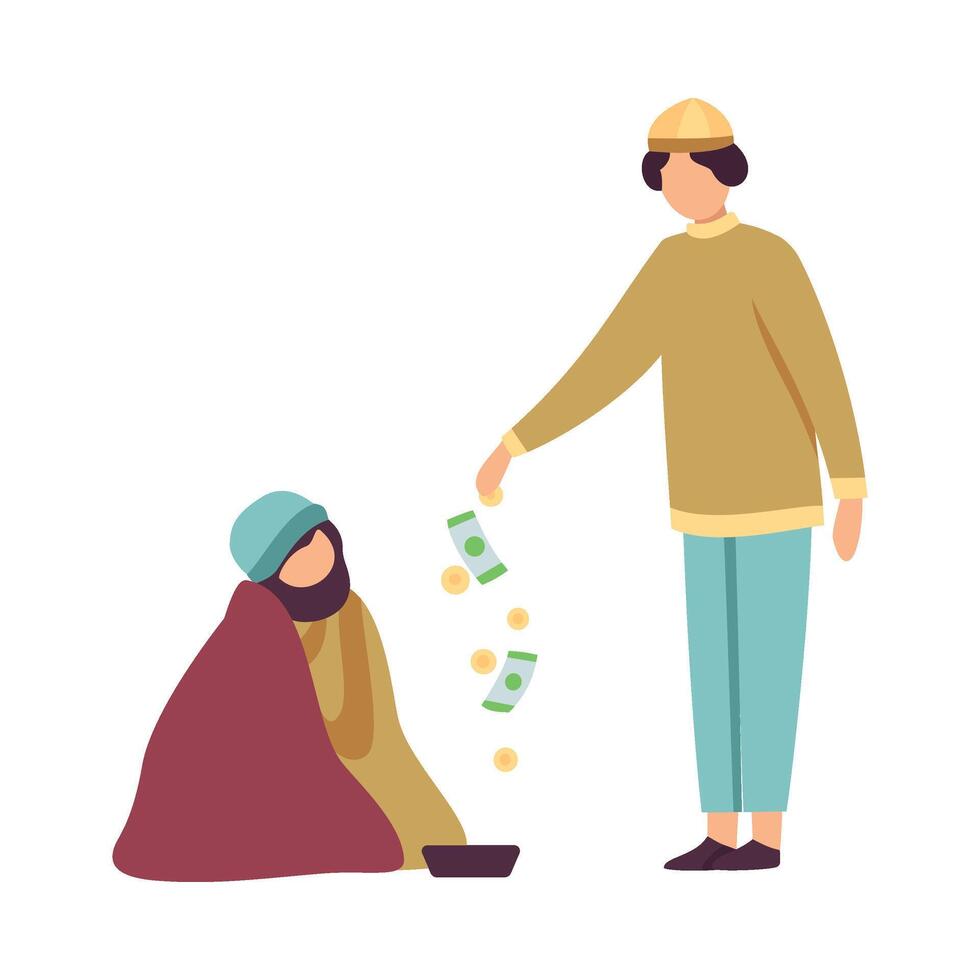 Muslim Man Giving Money to Homeless Celebrating Eid Al Adha Muslim Holy Islamic Holiday Illustration vector