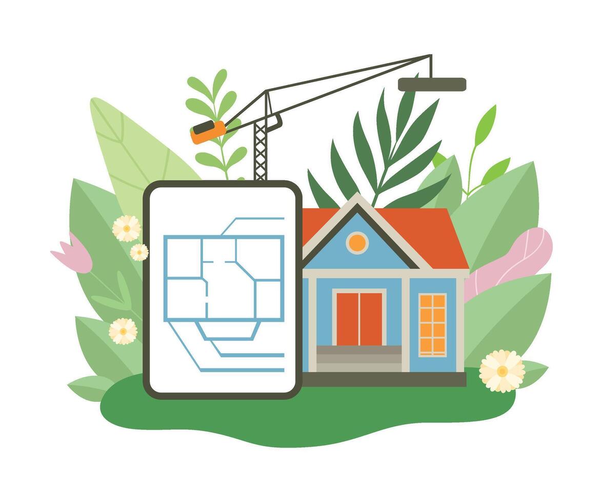Process of Building Country House, Architectural Floor Plan, Small Cottage in Spring or Summer Season with Blooming Flowers and Leaves Illustration vector