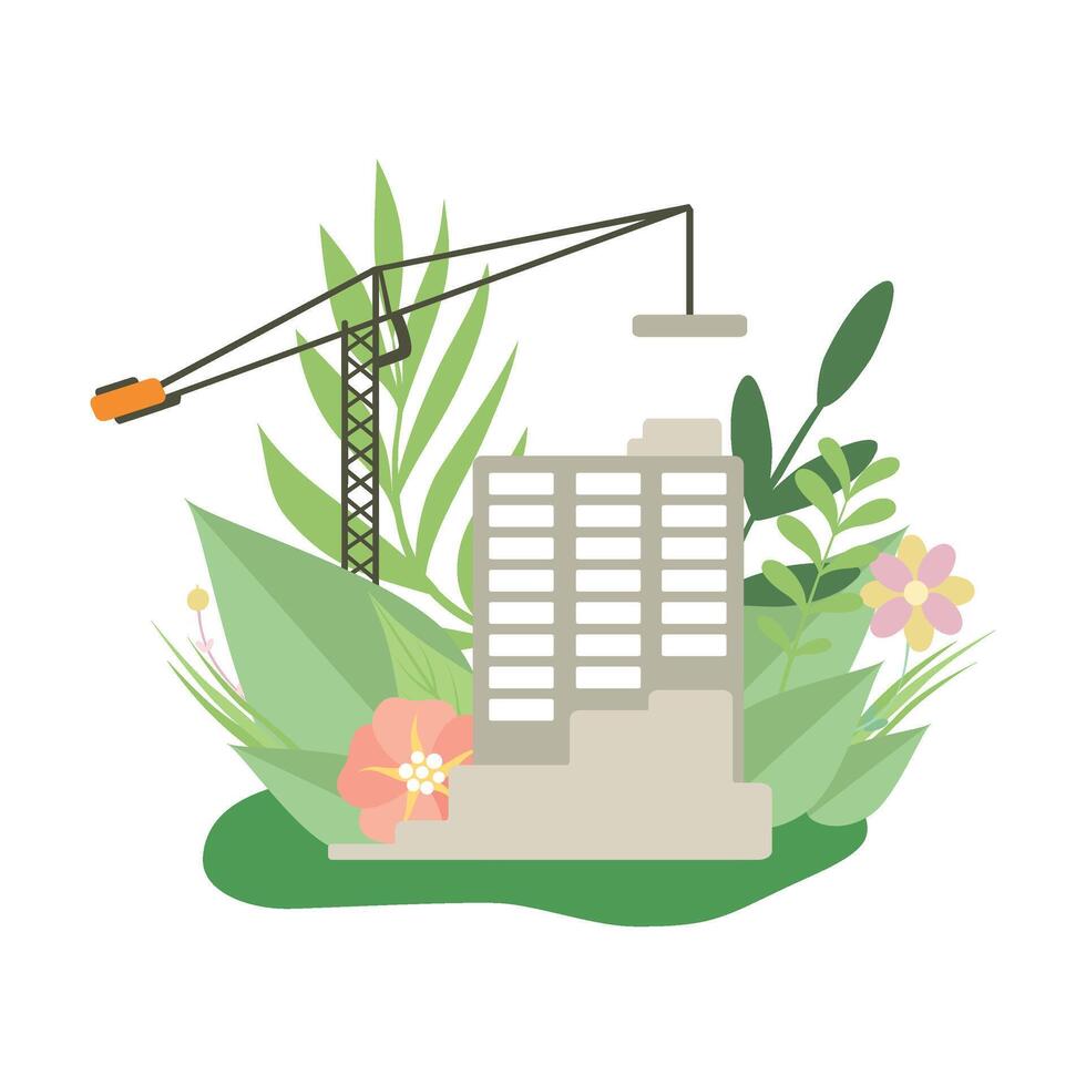 Multi Storey House in Construction Process, House and Crane in Spring or Summer Season with Blooming Flowers and Leaves Illustration vector
