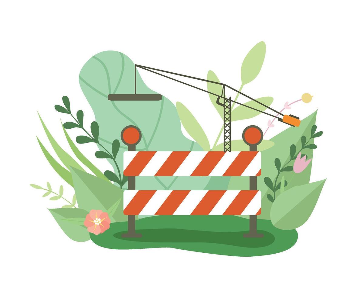 Under Construction Barrier and Crane in Blooming Flowers and Leaves in Spring or Summer Season Illustration vector