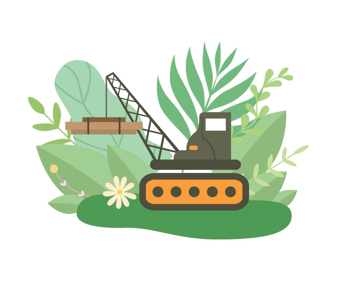 Hydraulic Crawler Crane Lifting Heavy Load in Spring or Summer Season with Blooming Flowers and Leaves Illustration on White Background. Illustration vector