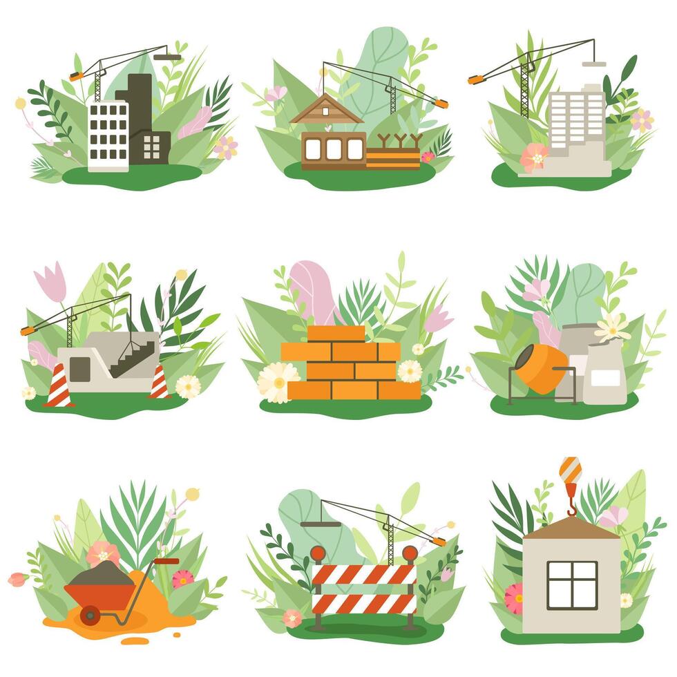 Construction Process Set, Houses under Construction, Building Equipment in Spring or Summer Season with Blooming Flowers and Leaves Illustration vector